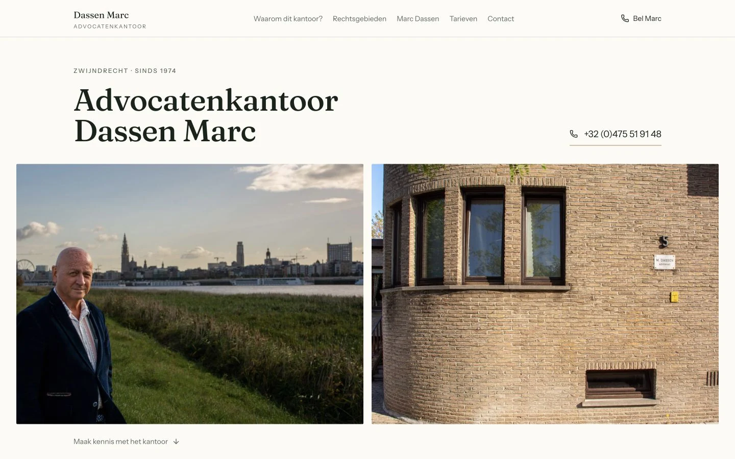 Marc Dassen — startpagina met kantoor en portret