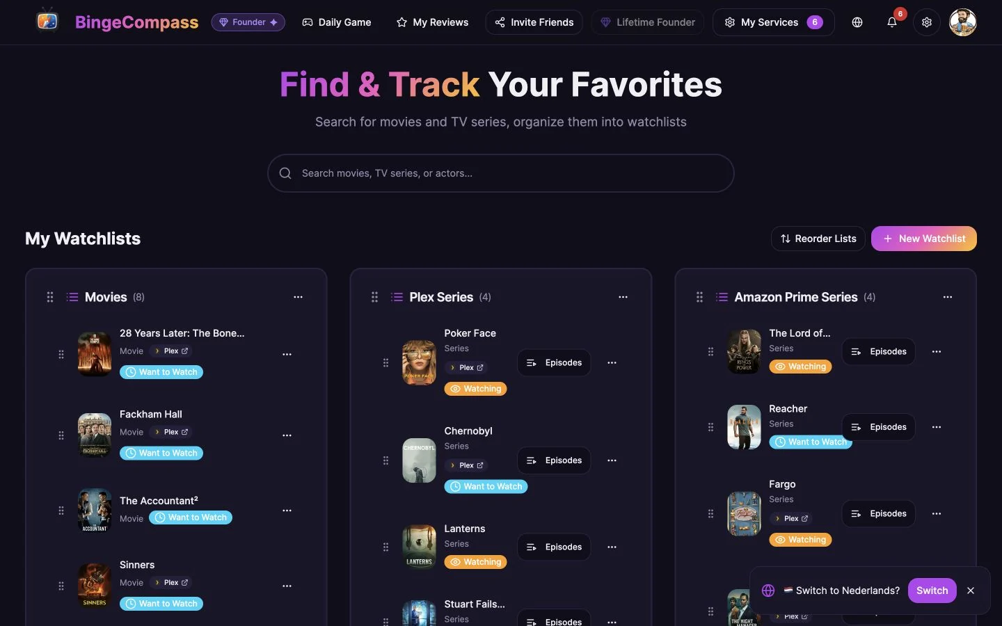 BingeCompass — overzicht van film- en serielijsten