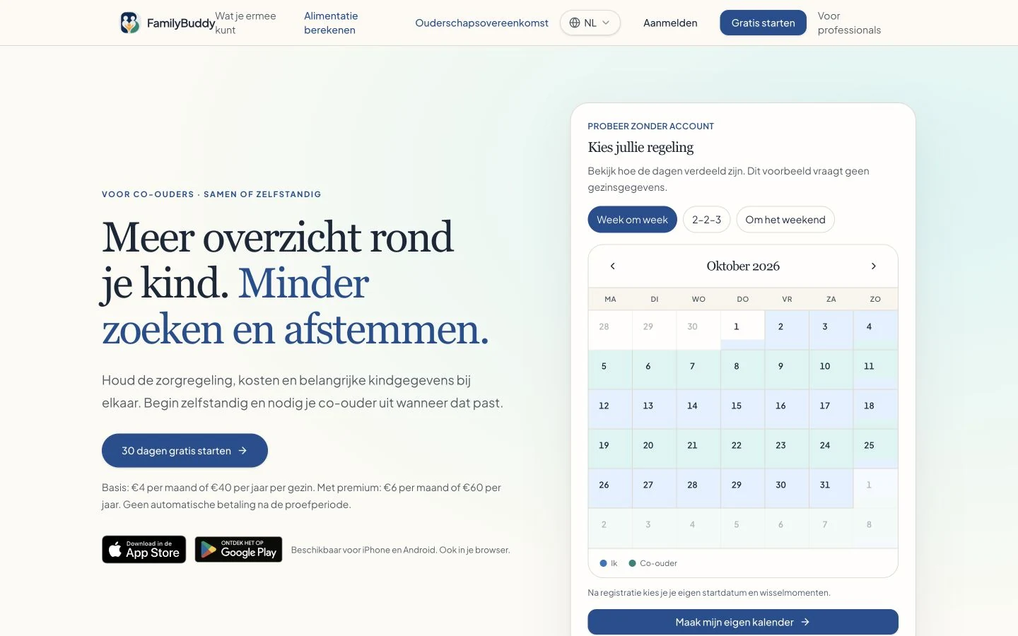 FamilyBuddy — startpagina met interactieve voorbeeldkalender
