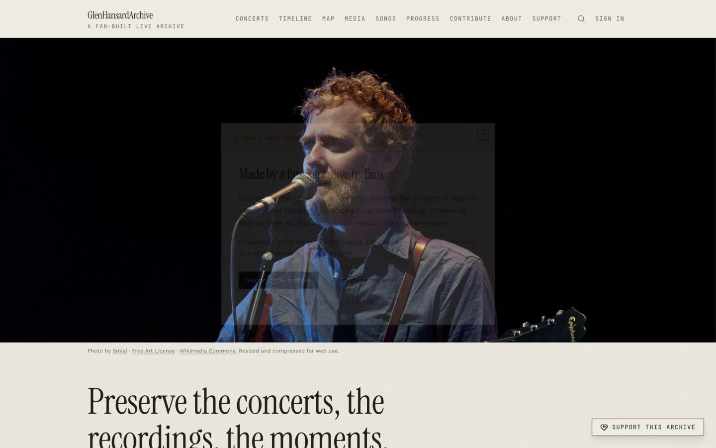 Glen Hansard Archive — startpagina van het livearchief