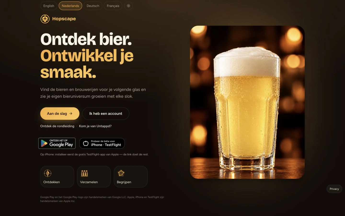 Hopscape — startpagina van de bierontdekkingsapp